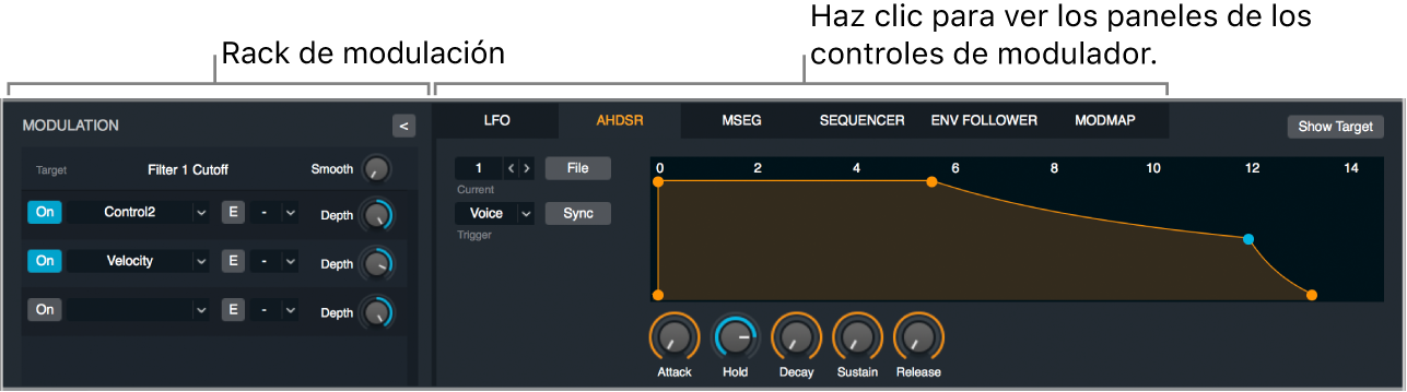 Ilustración. Sección de modulación que muestra el rack de modulación, los botones del panel de control del modulador y el panel de control del AHDSR.