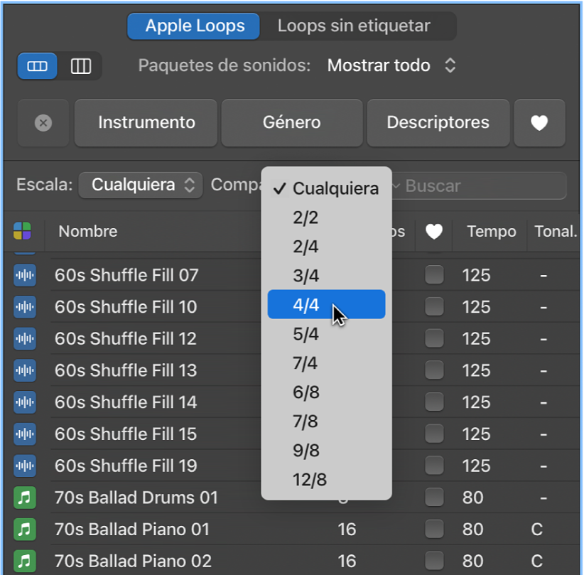 Ilustración. Menú desplegable Compás en el explorador de loops.