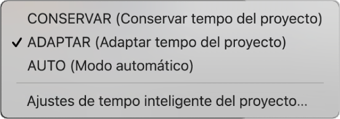 Ilustración. Menú de visualización de tempo con tres modos de tempo inteligente.