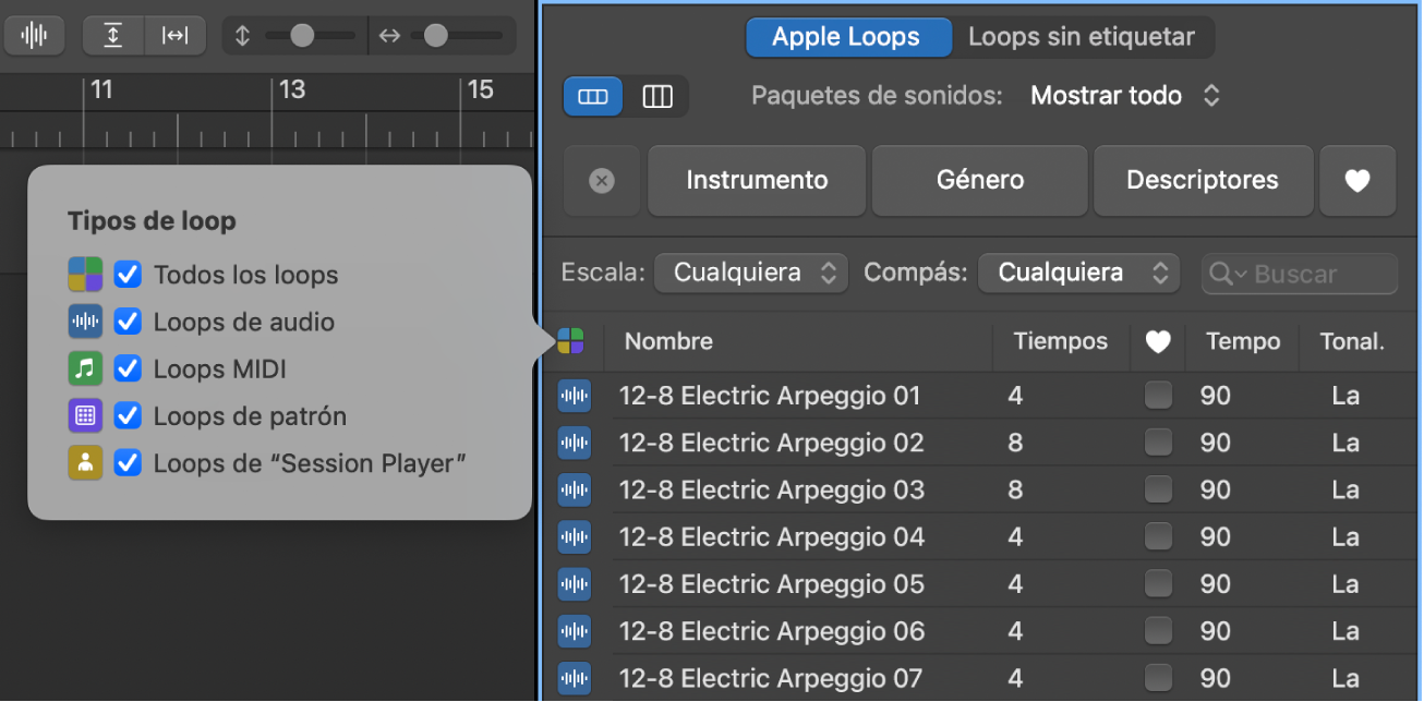 Menú “Tipos de loop” situado sobre la lista de resultados de la búsqueda.