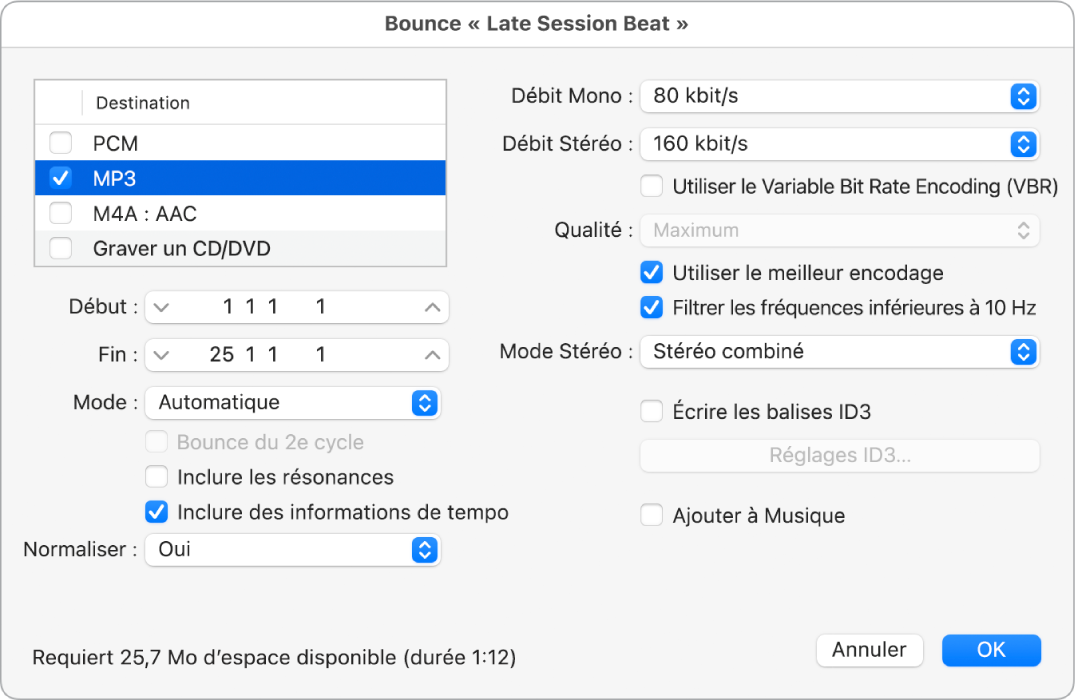 Figure. Options MP3 dans la fenêtre Bounce.