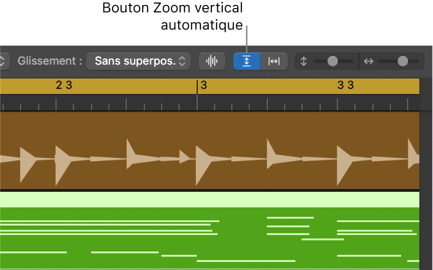 Commandes Zoom de forme d’onde, Zoom vertical automatique et Zoom horizontal automatique dans la barre des menus de la zone Pistes.