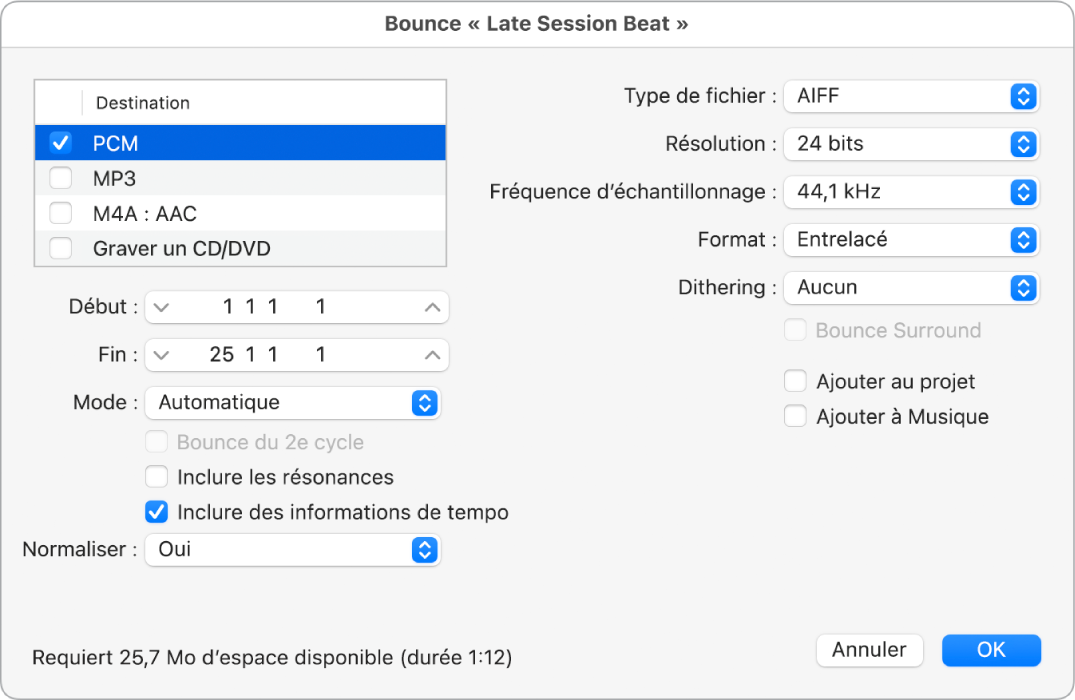 Figure. Options PCM dans la fenêtre Bounce.