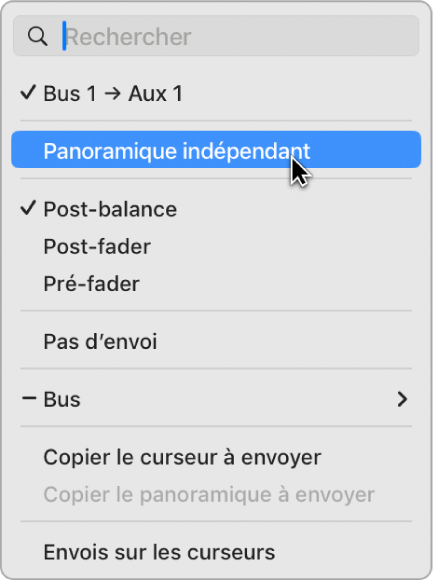 Figure. Mode Panoramique indépendant dans le menu local Envoyer.