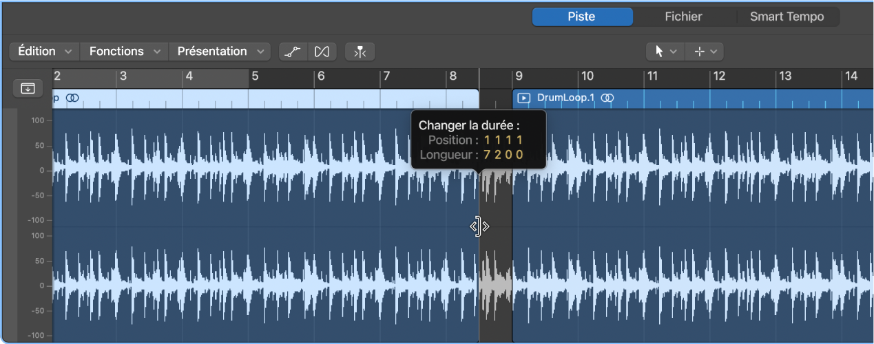 Figure. Ajustement d’une région dans l’éditeur de piste audio, avec bulle d’aide indiquant la durée de la région et la durée supprimée.