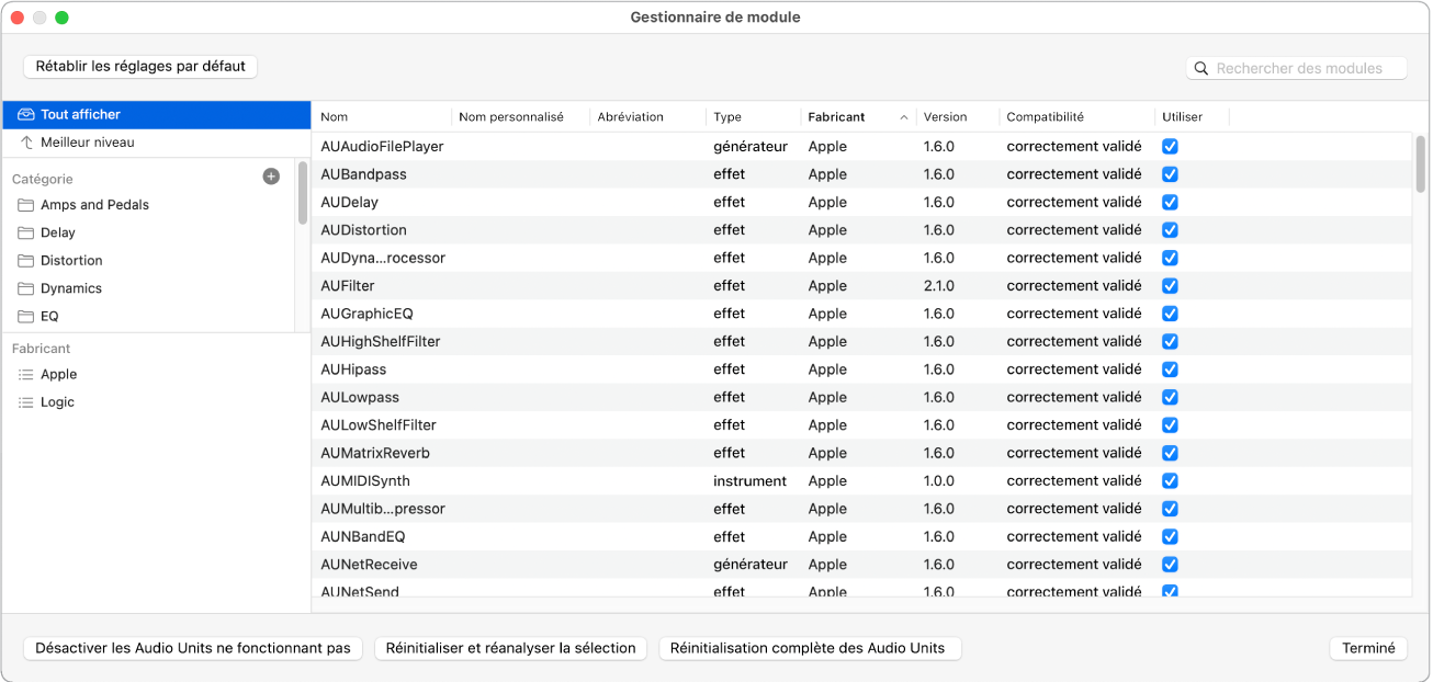 Figure. Fenêtre Gestionnaire de modules.