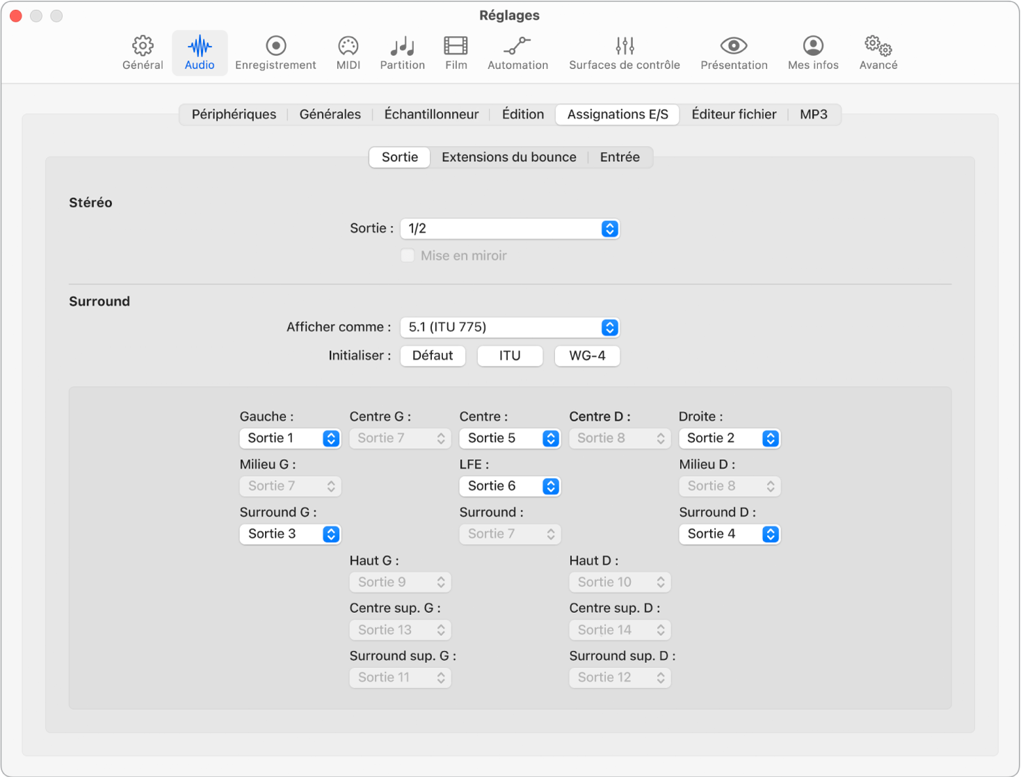 Figure. Section Sortie de la sous-fenêtre Attributions E/S des réglages audio.