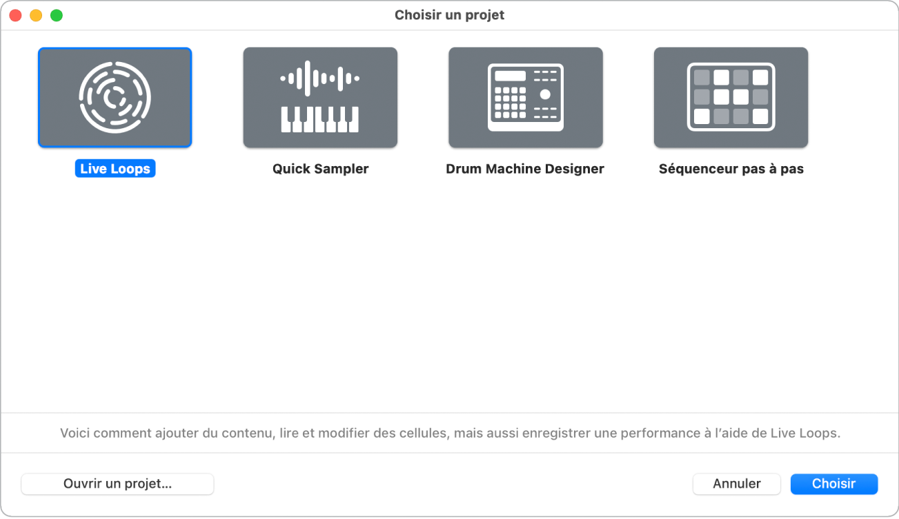 Figure. Sélecteur de projet avec un projets d’initiation sélectionné.