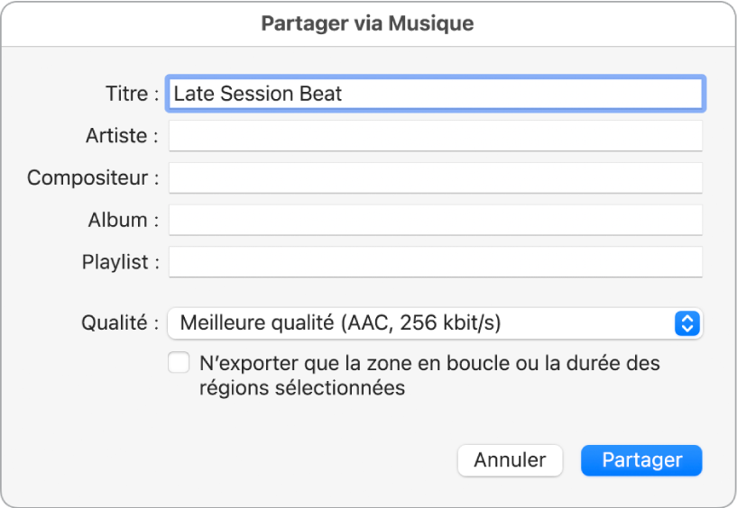 Figure. Zone de dialogue Partager via Musique.