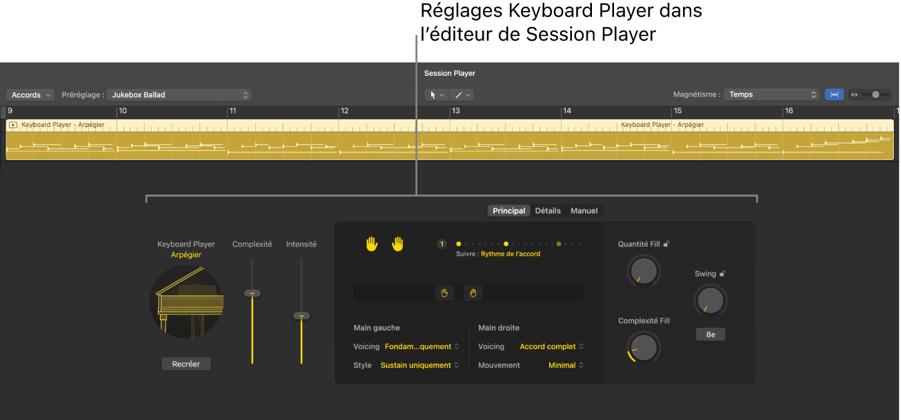 Figure. Éditeur de Session Player avec réglages Keyboard Player.