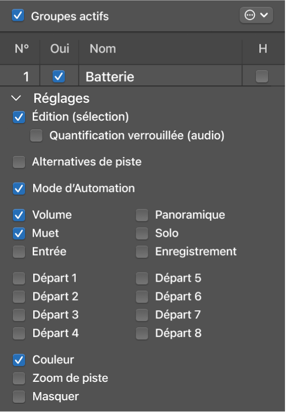 Figure. Fenêtre des réglages de groupe avec les options sélectionnées.