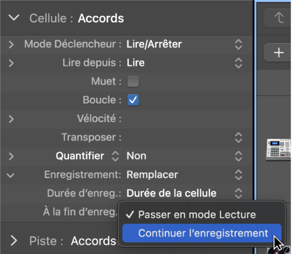 Figure. Menu local des réglages « À la fin d’enreg. » dans l’inspecteur de cellule.