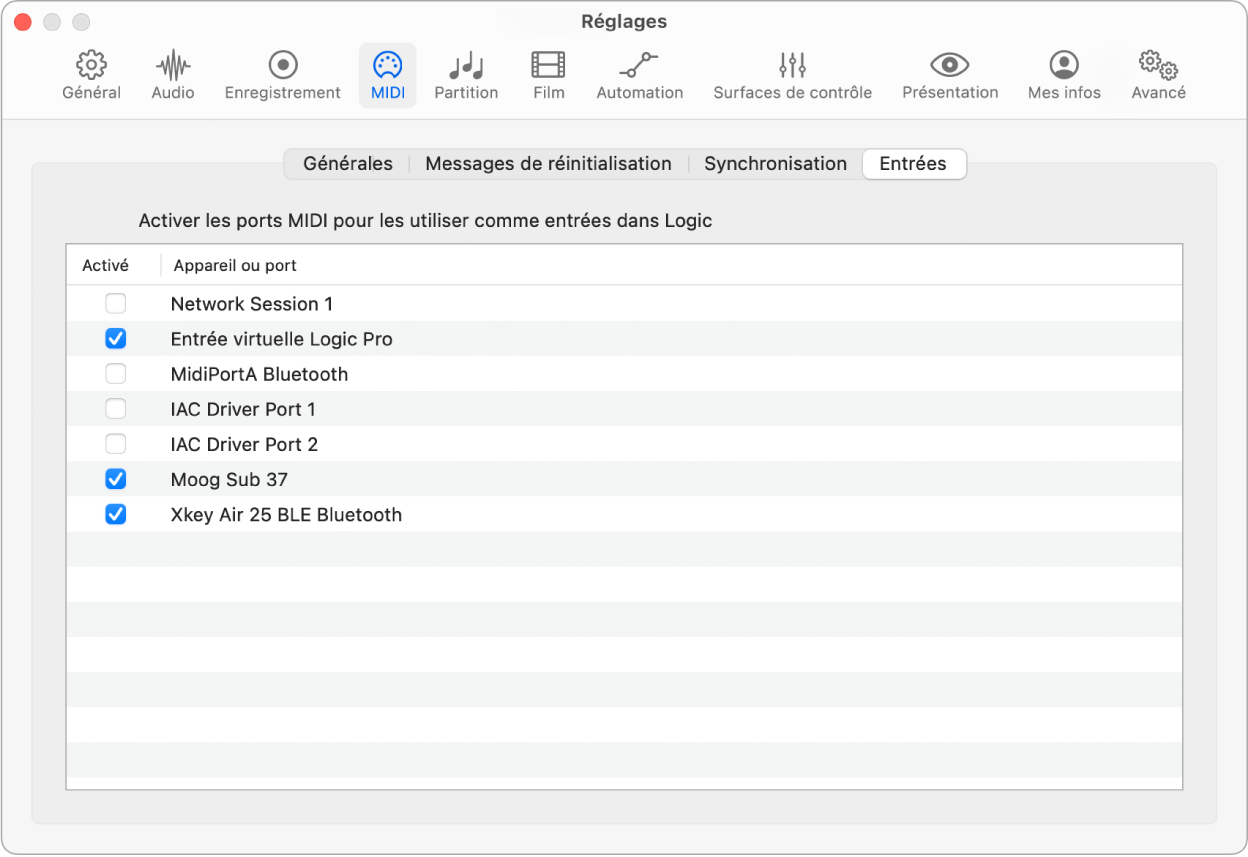 Figure. Réglages Entrées MIDI.