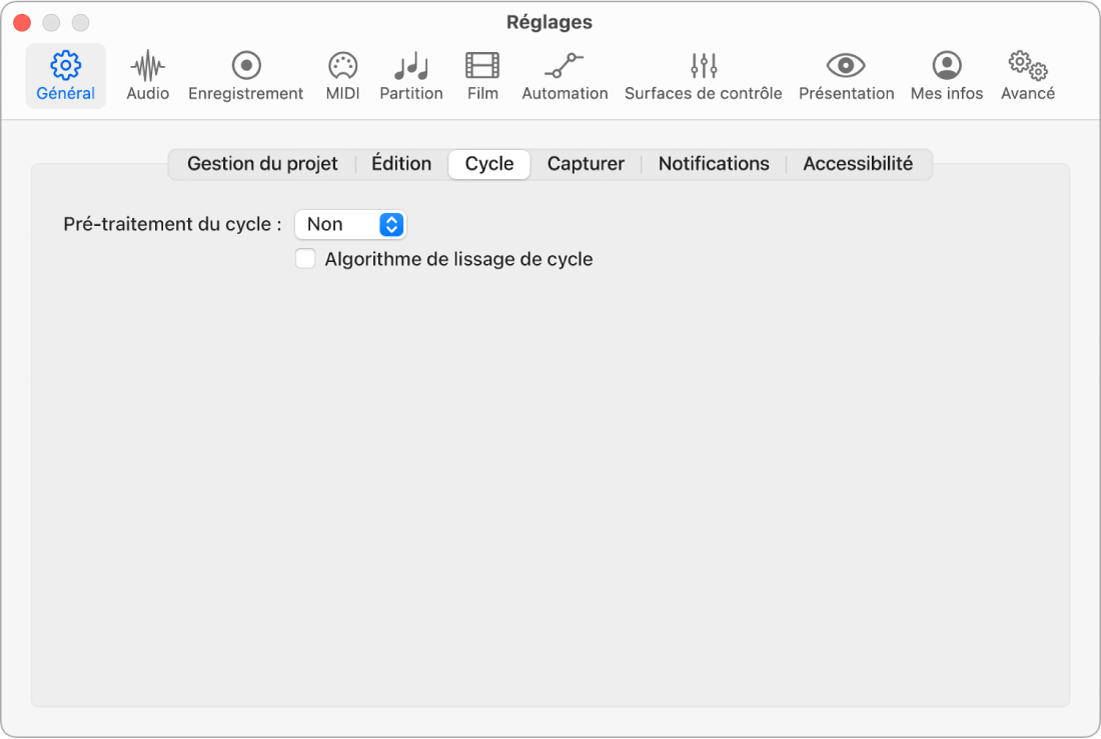 Figure. Réglages du cycle.