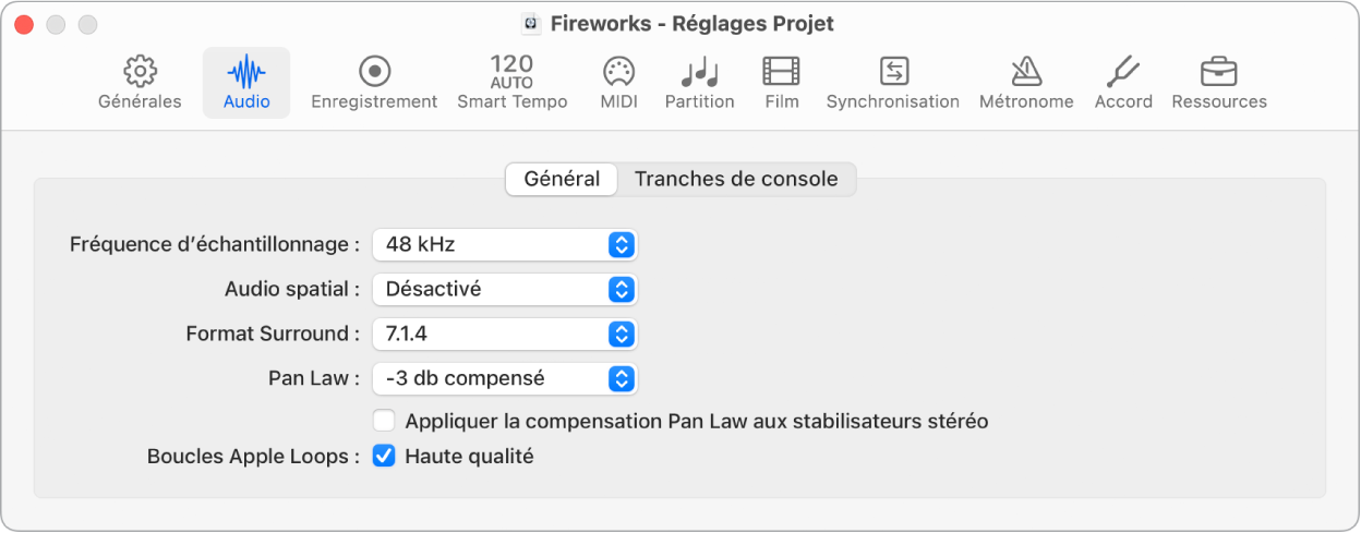 Figure. Réglages audio généraux du projet.