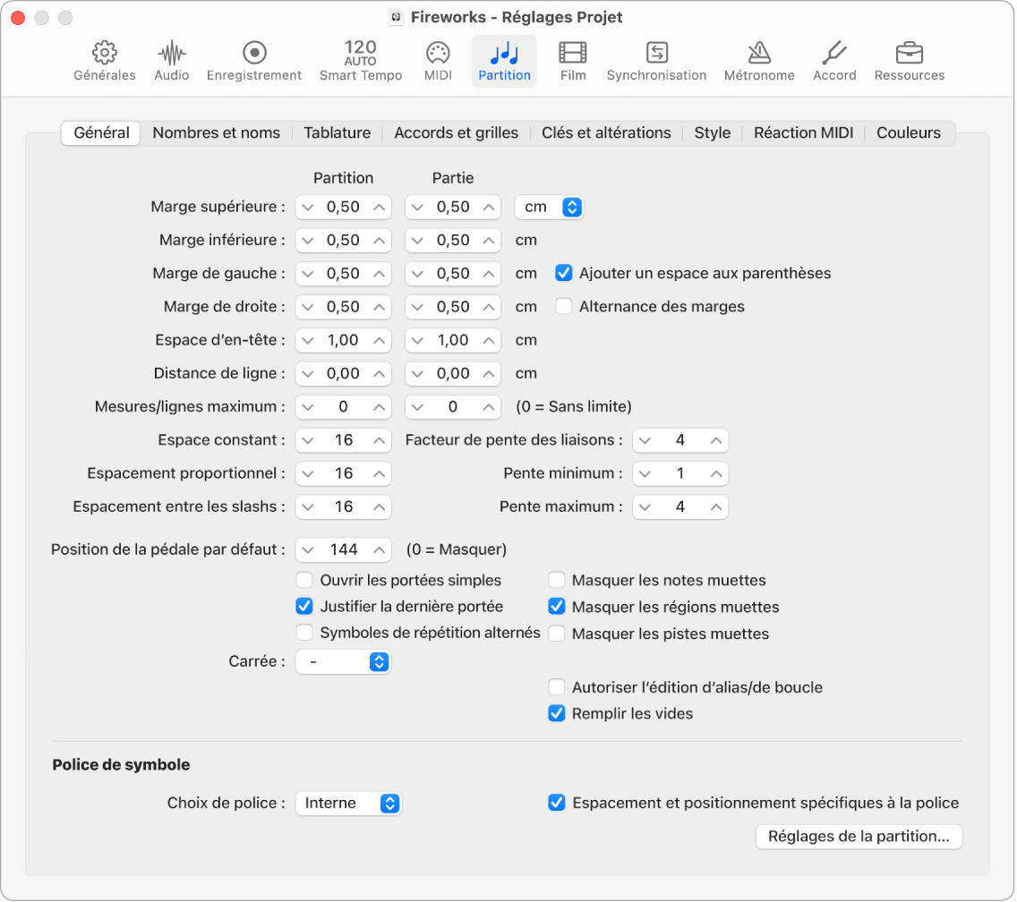 Figure. Réglages généraux de partition du projet.