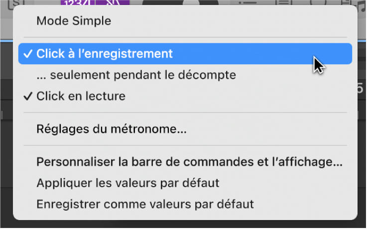 Figure. Menu Métronome avec l’option « Click à l’enregistrement » activée et un pointeur qui sélectionne les réglages Métronome.