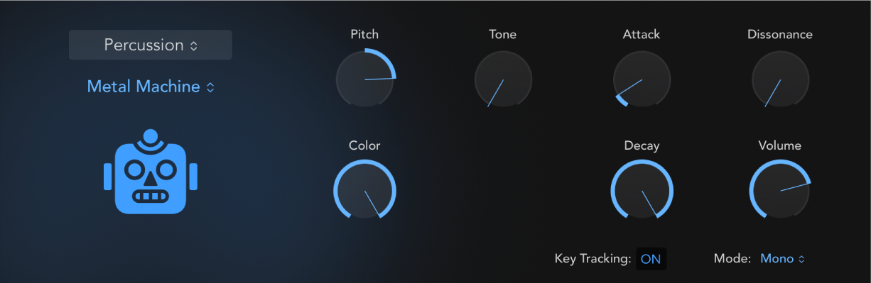 Figure. Interface Drum Synth avec son de percussion et paramètres correspondants. Les paramètres changent en fonction du type de percussion choisi.