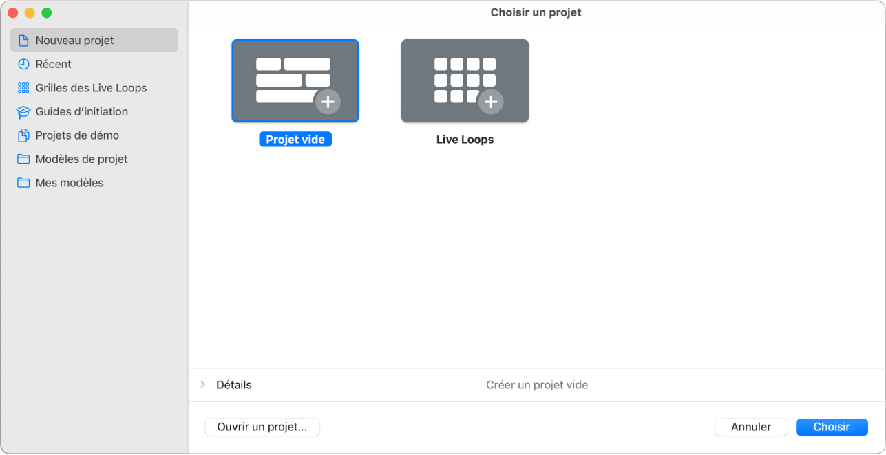 Figure. Sélecteur de projet avec l’option Projet vide sélectionnée.