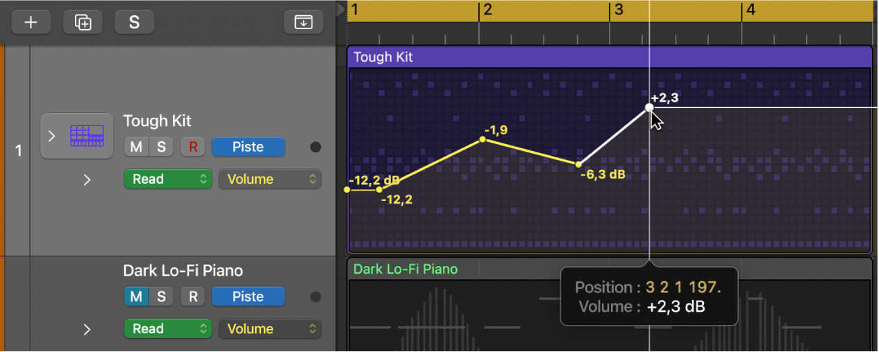 Figure. Automation du volume et du panoramique audio d’une piste.