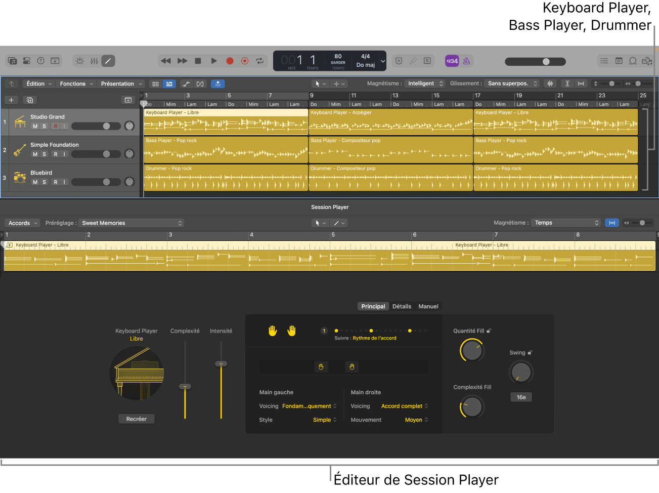 Figure. Keyboard Player, Bass Player et Drummer dans la zone Pistes, et l’éditeur de Session Player.