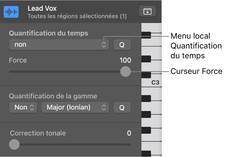 Figure. Menu local Quantification du temps et curseur Force.