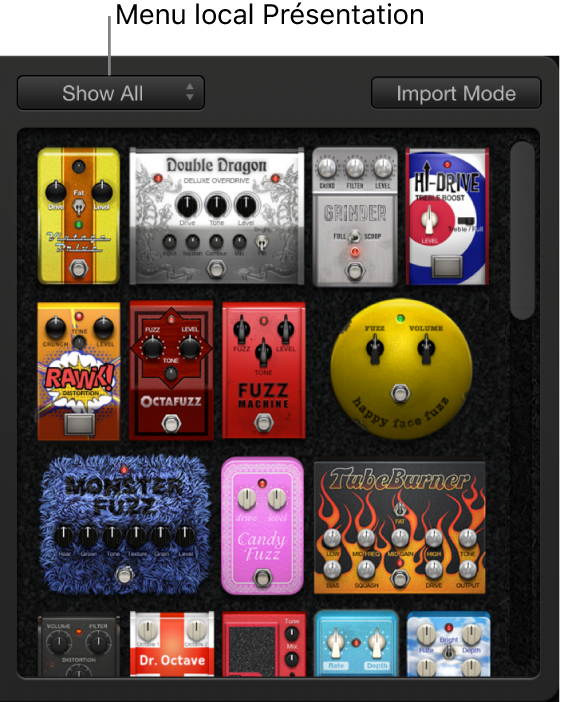 Figure. Navigateur de pédale affichant le menu local de présentation et le bouton Import Mode.