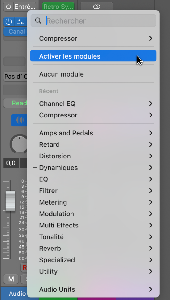 Figure. Commande de menu local Activer les modules.