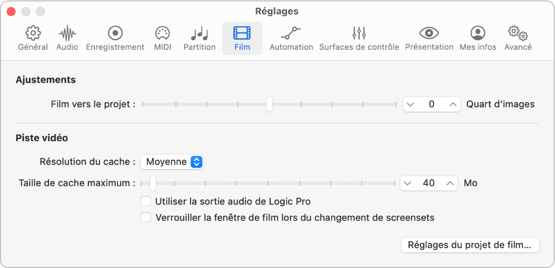 Figure. Réglages Film.