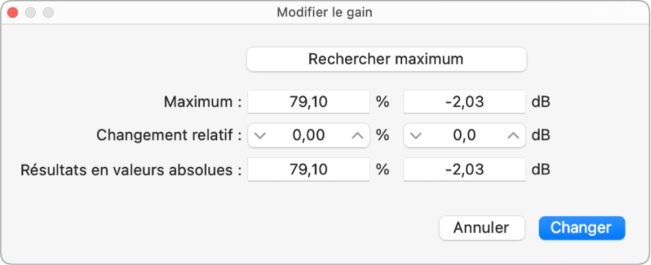 Figure. Zone de dialogue Modifier le gain.