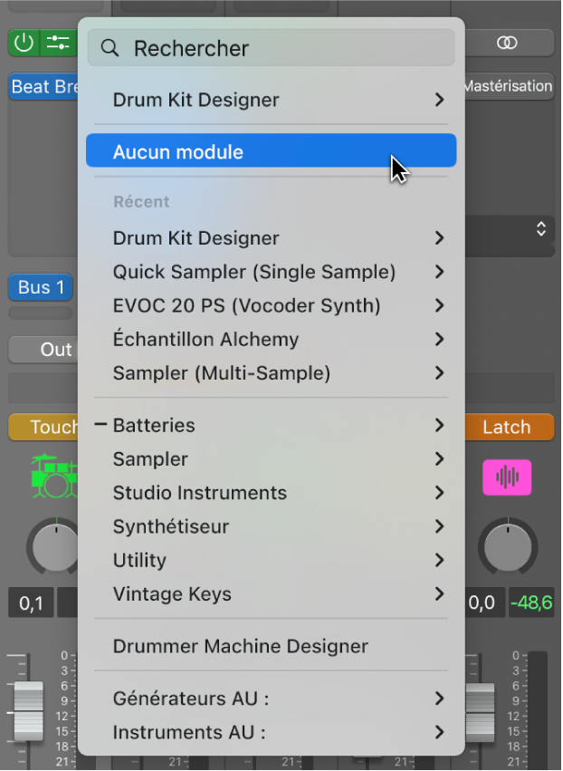 Figure. Choix de l’option Aucun module dans le menu local.