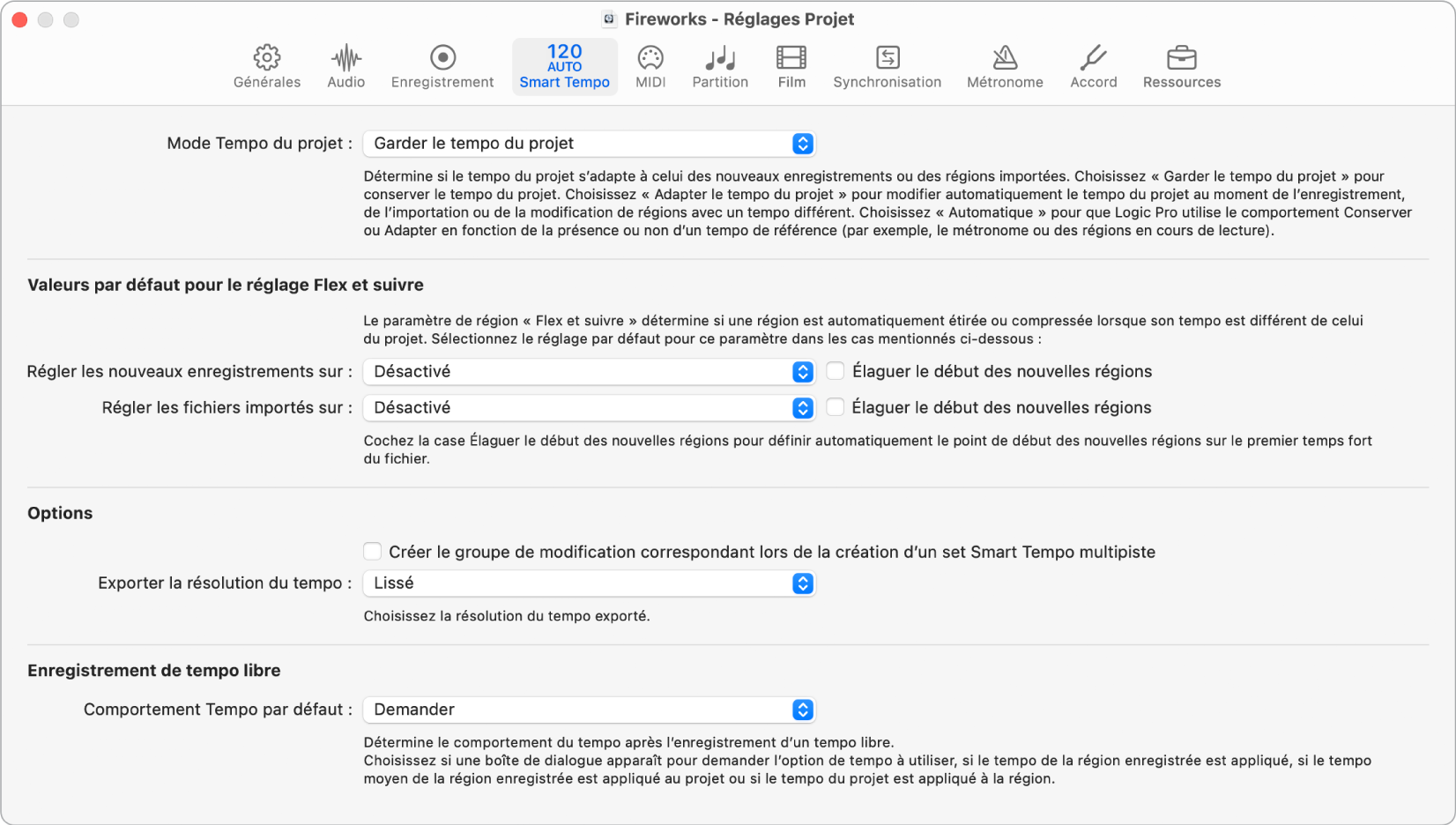 Figure. Réglages Smart Tempo du projet.