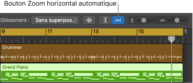 Commandes Zoom de forme d’onde, Zoom vertical automatique et Zoom horizontal automatique dans la barre des menus de la zone Pistes.