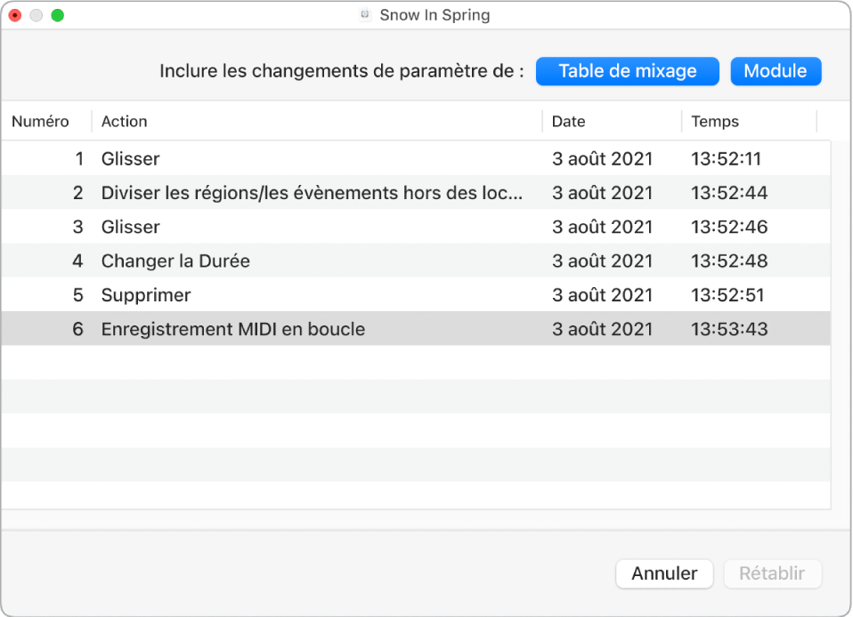 Figure. Zone de dialogue Historique d’annulation.