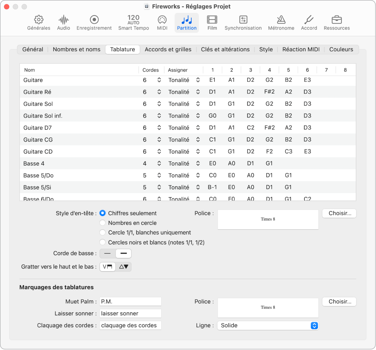 Figure. Réglages de tablature du projet.