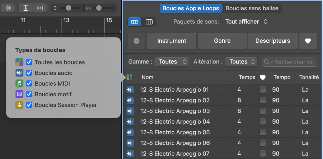 Menu Types de boucles situé au-dessus de la liste de résultats de recherche.