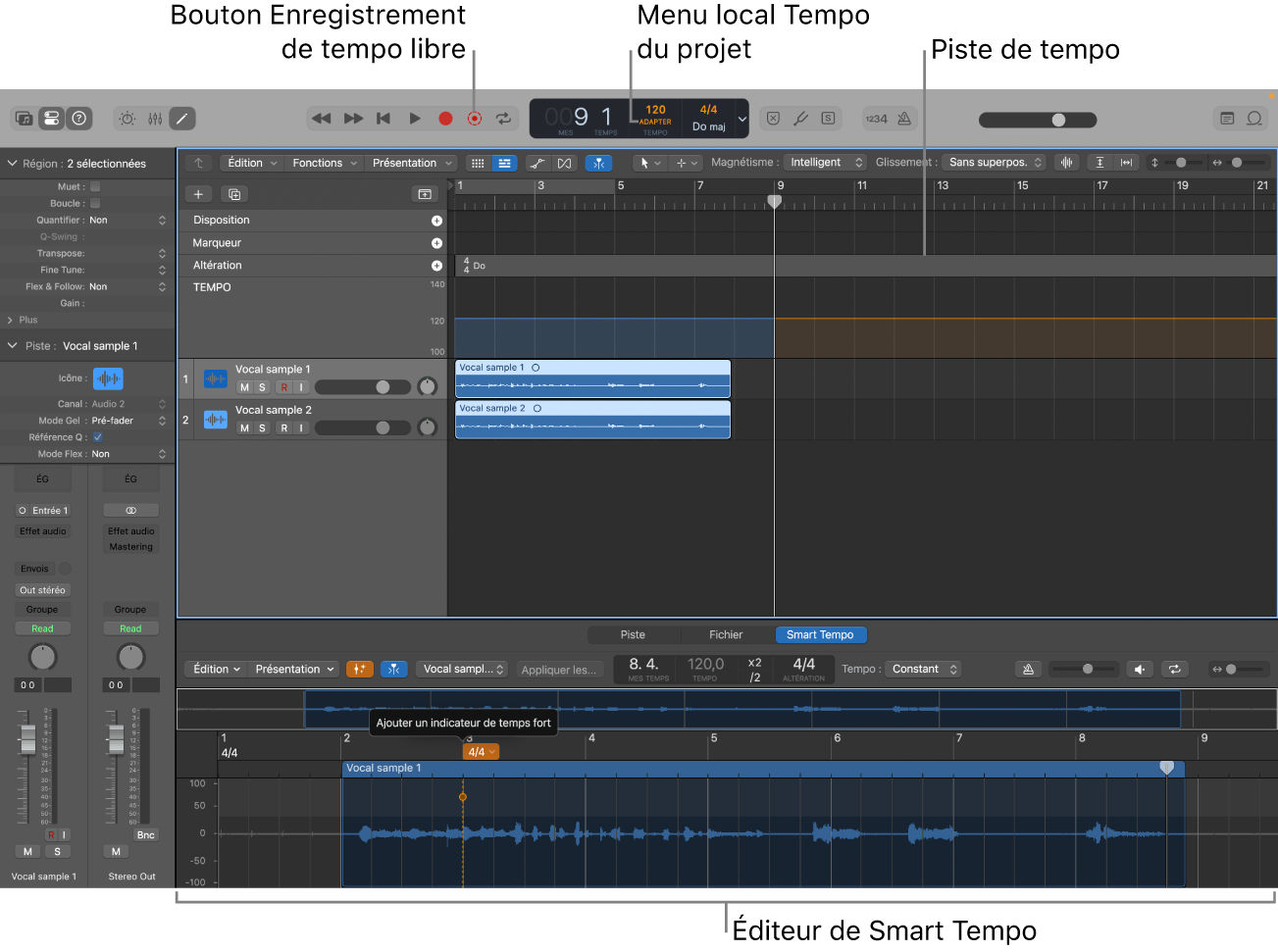 Figure. Projet montrant l’enregistrement, le mode Adapter choisi, les changements de tempo dans la piste du tempo et l’éditeur de Smart Tempo ouvert.