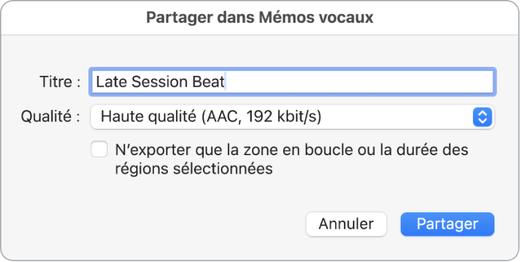 Zone de dialogue « Partager dans Mémos vocaux ».