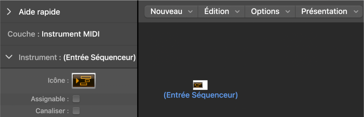 Figure. Fenêtre d’environnement affichant un objet Entrée du séquenceur et son inspecteur.