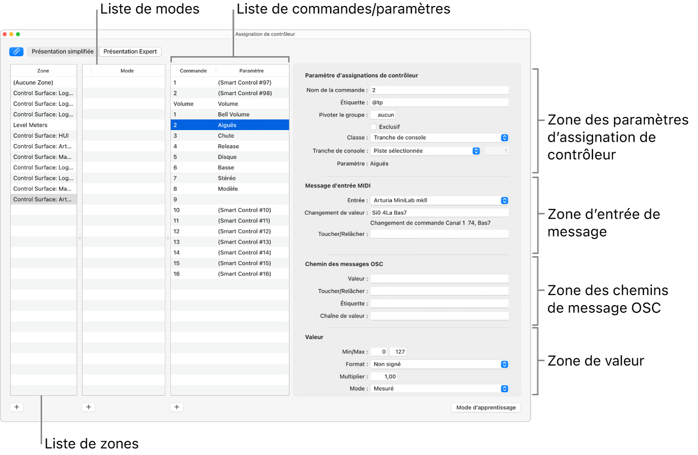 Figure. Fenêtre des assignations de contrôleur en mode de présentation Expert.