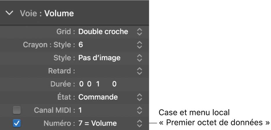 Figure. Menu et case Premier octet de données