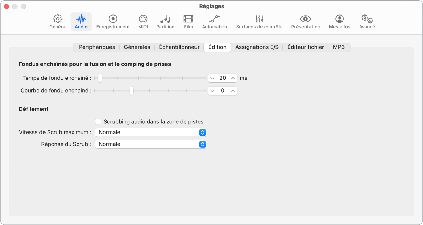 Figure. Réglages d’édition audio.