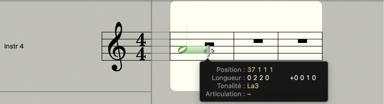 Figure. Extension de la durée en mesures d’une note dans l’éditeur de partition