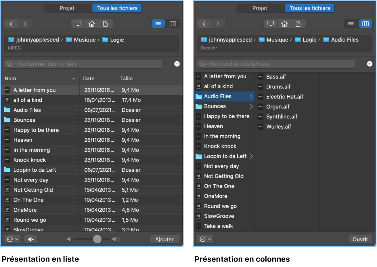 Figure. Présentation en liste et présentation en colonnes dans le navigateur Tous les fichiers.