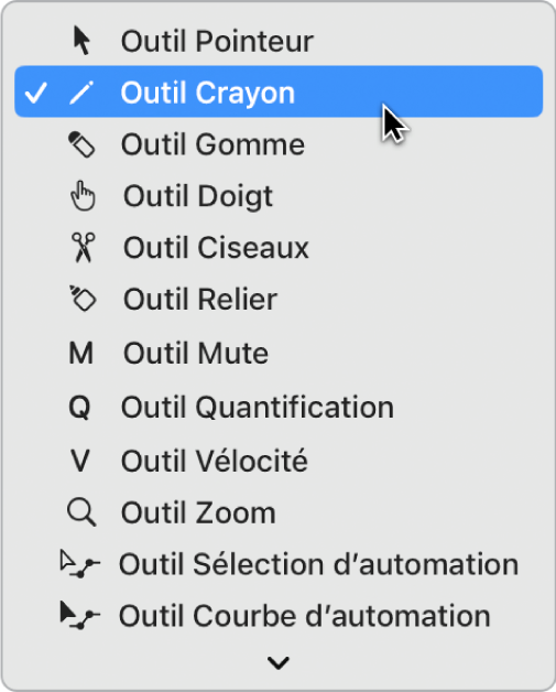 Figure. Menu Outil de l’éditeur de partition défilante, avec l’outil Crayon sélectionné.