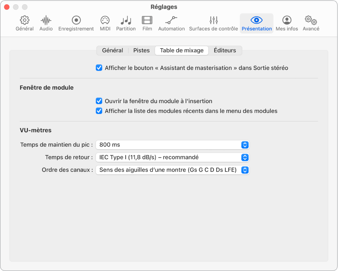 Figure. Réglages de la présentation Table de mixage.