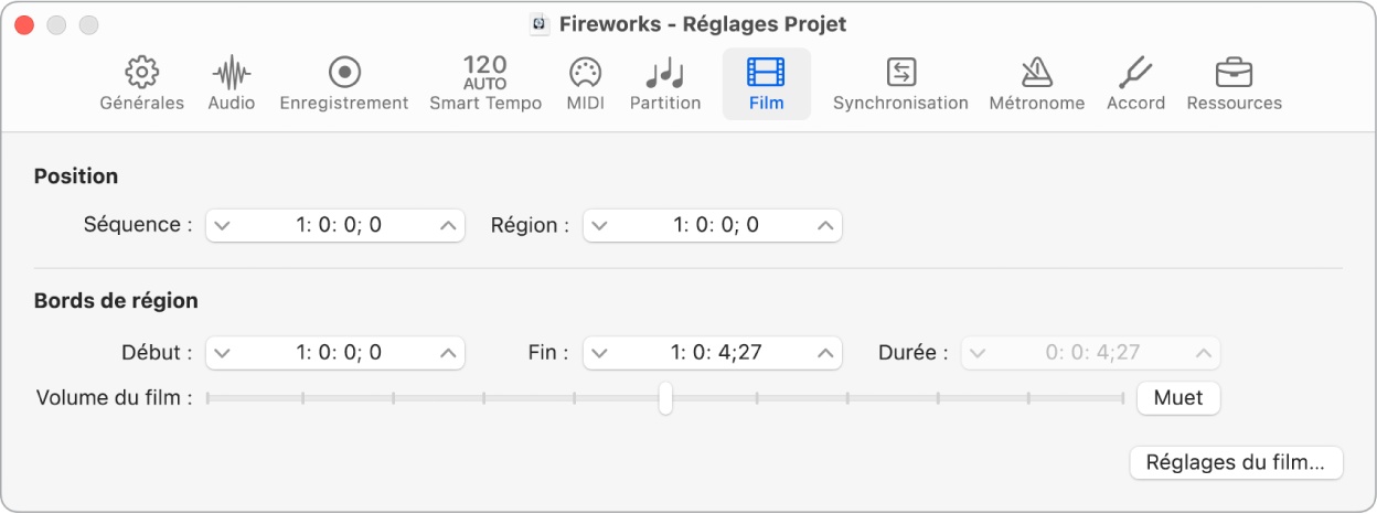 Figure. Réglages de film du projet.