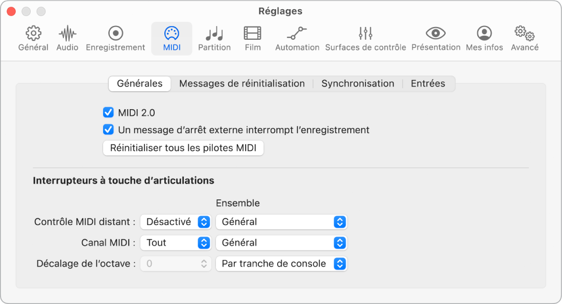 Figure. Réglages généraux MIDI.