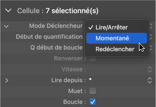 Figure. Réglage du mode de déclenchement dans l’inspecteur de cellule.