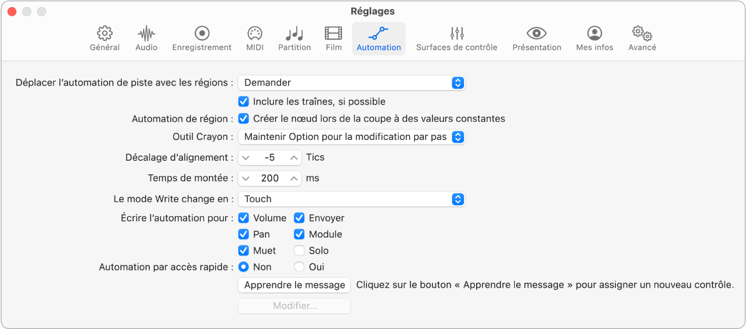 Figure. Réglages Automation.